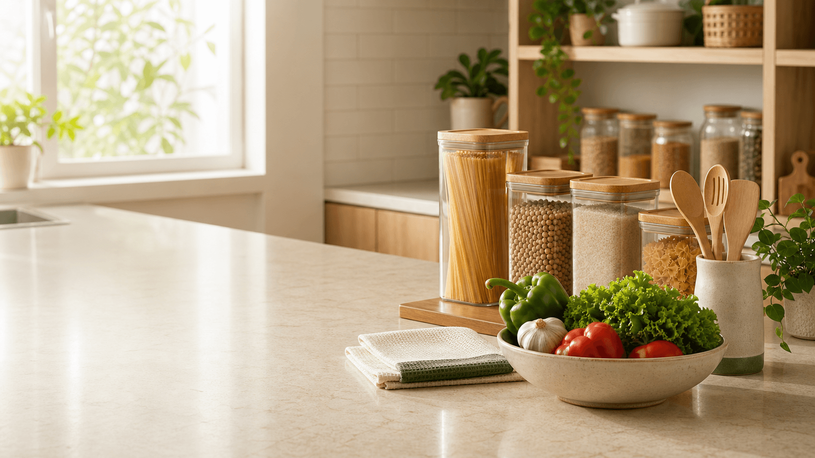 Cozinha organizada com bancada clara, potes e itens de preparo em contexto editorial Fix Casa.