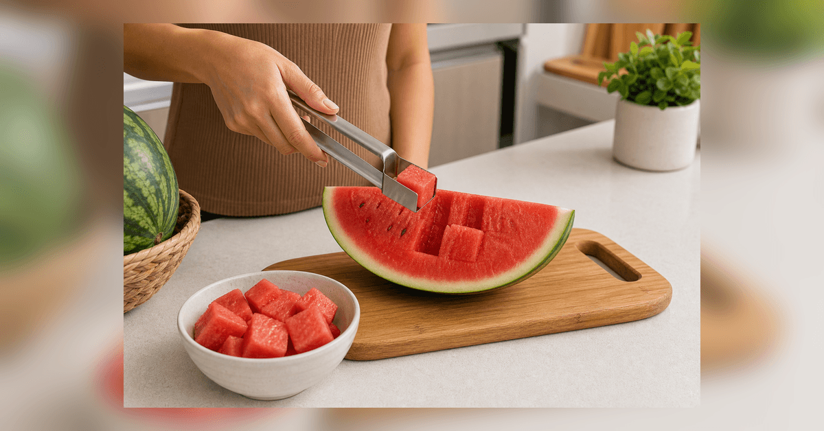 Cortador de Melancia e Frutas demonstrado em uma bancada real