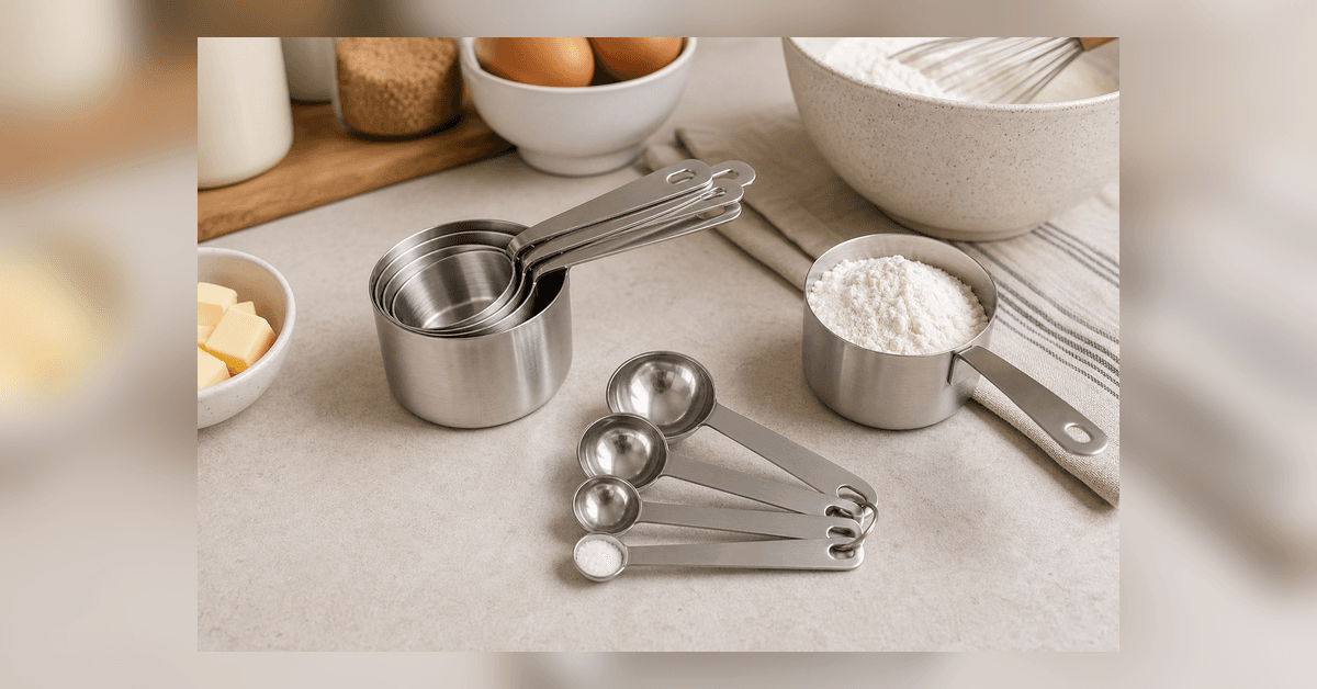 Kit Medidores Culinários Inox demonstrado em uma bancada real