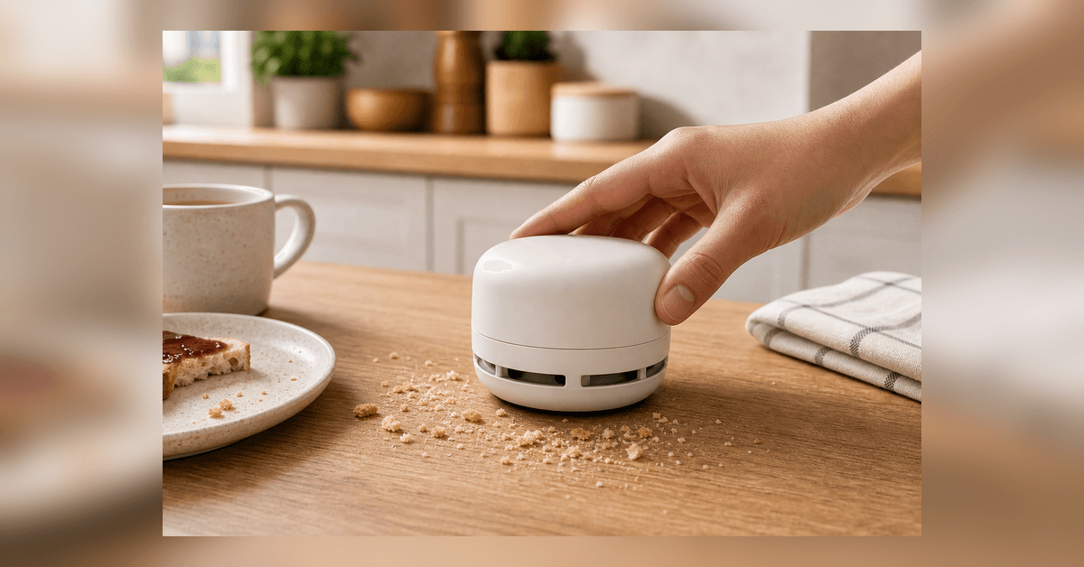 Mini Aspirador de Mesa para Migalhas demonstrado em uma bancada real