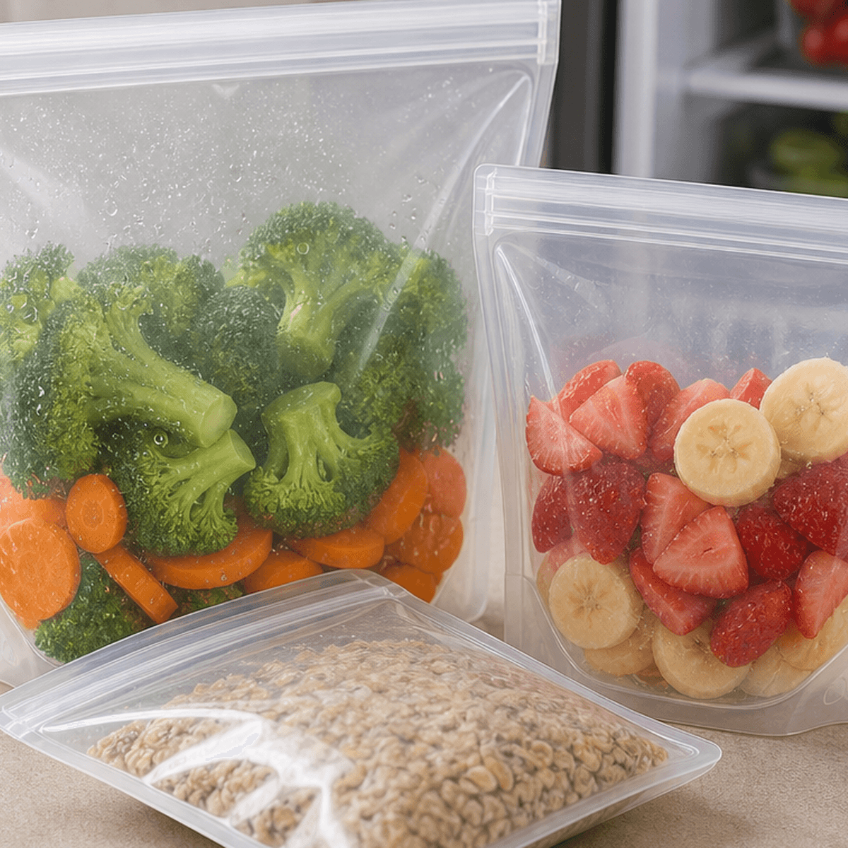 Sacos Zip Reutilizáveis para Alimentos com detalhe das peças