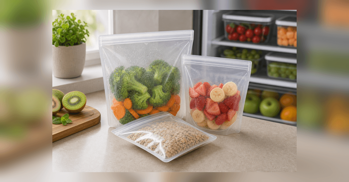 Sacos Zip Reutilizáveis para Alimentos demonstrado em uma bancada real